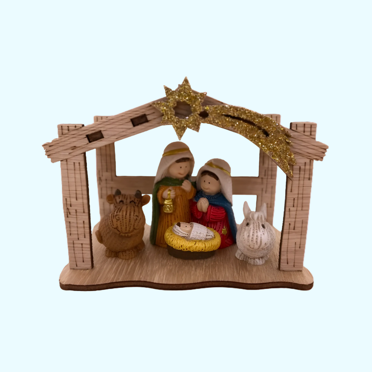 Holzkrippe mit Polyresinfiguren, Maße 7,4 x 6 x 9,5 cm, dekoratives Weihnachtsdorf, detailreiche Figuren, festliche Stimmung