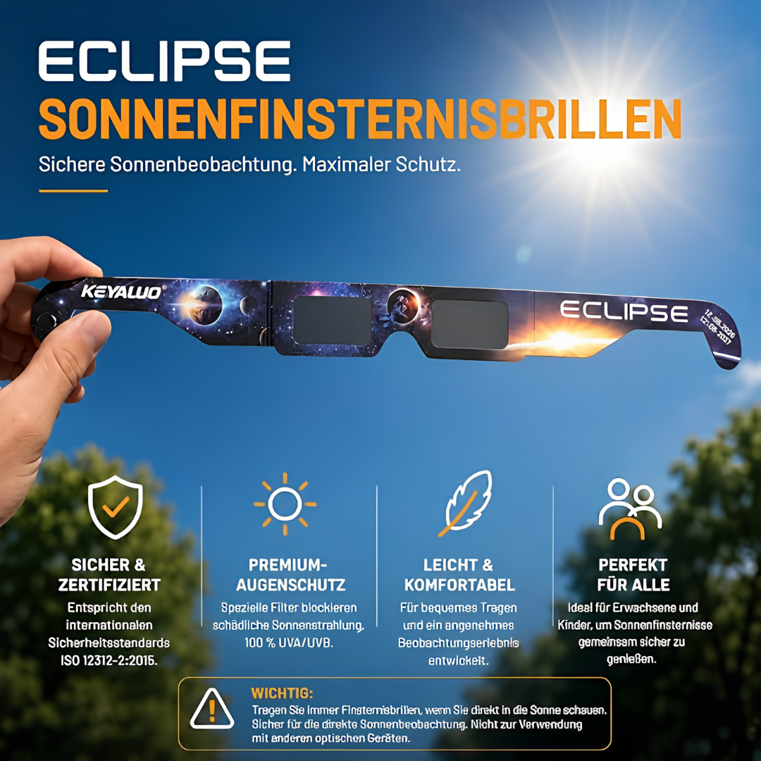 Sonnenfinsternis Brille zur direkten Beobachtung, EN ISO 12312-2:2015(E) & CE-zertifiziert, AAS Zertifizierung 2026 - KroStore