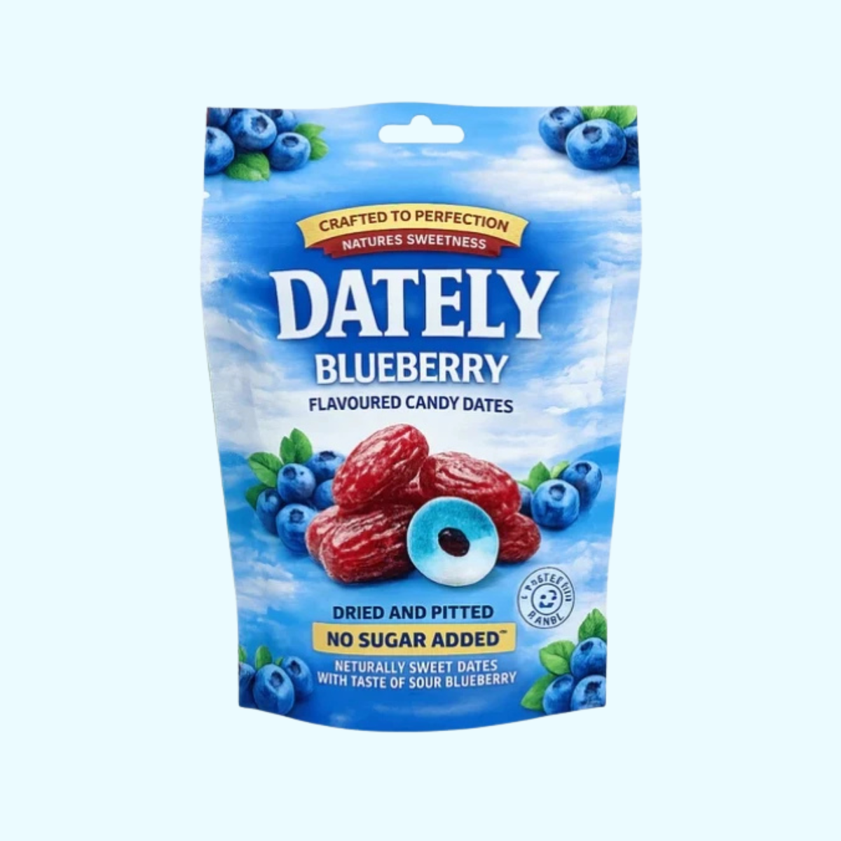 Dately Blueberry Geschmack 100g, gefüllter Snack mit Heidelbeer-Aroma, in einer offenen Verpackung, von KroVending e.U.