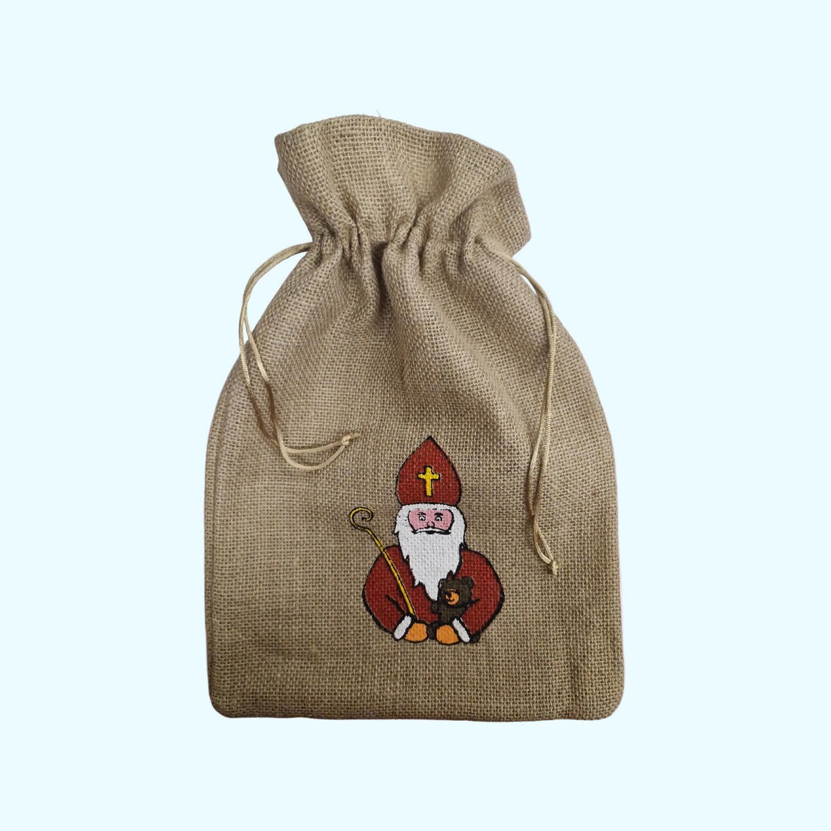 Bedruckter Jutesack Nikolo XL 37x26cm von KroVending e.U. für Snacks, Getränke und Verkaufsautomaten, robuste und nachhaltige Verpackung