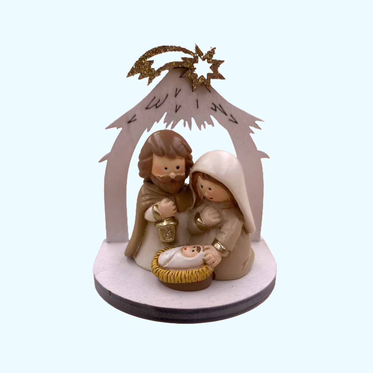 Kleine weiße Holzkrippe mit Polyresinfiguren, Maße 7,3 x 4,4 x 6 cm, festliche Weihnachtsdekoration.