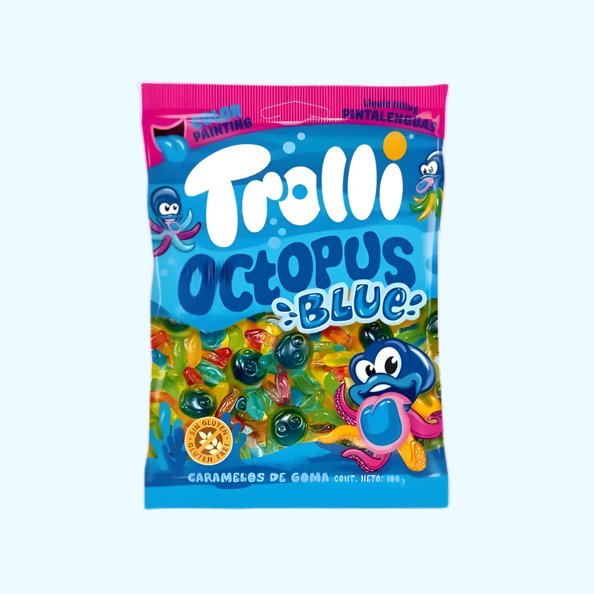 Blaue Trolli Octopus Gummis in 100 g Packung, typische Süßigkeiten von KroVending e.U. mit bunten Oktopus-Formen.