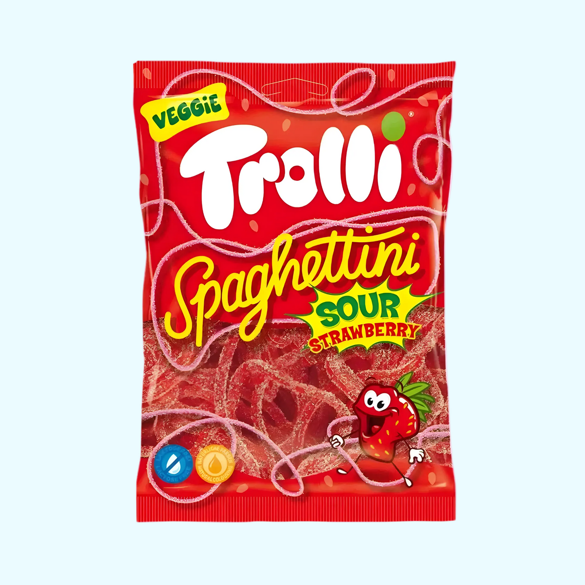 Bunte Trolli Spaghettini Sour Erdbeere 100 g, saure Fruchtgummis in Spaghettiform, im Beutel, farbenfrohes Süßigkeitenbild